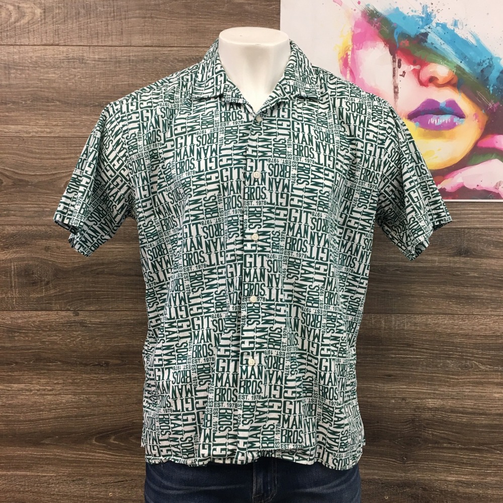 Vintage Gitman Bros Green Graphic AOP Print Cotton Short Sleeve Camp‎ Shirt XL